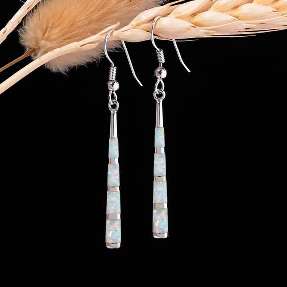 14K White Gold with Genuine White Fire Opal Dangling Hook Tapered Bar Earrings - Picture 3 of 5